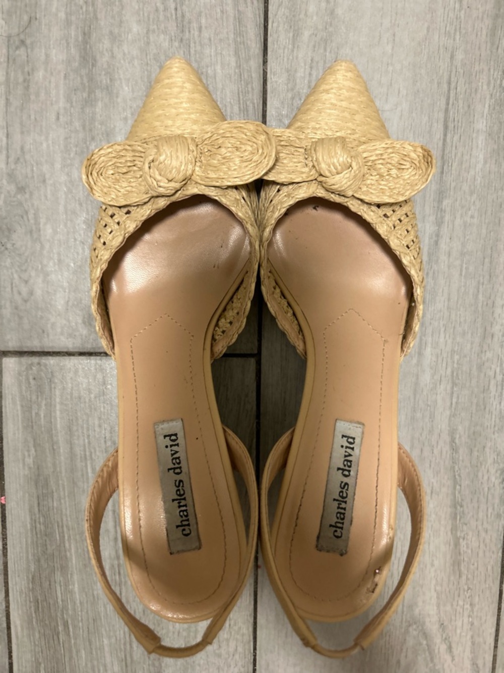 Charles David Natural Raffia Pointed Bow Slingback Heels - Picture 2 of 7